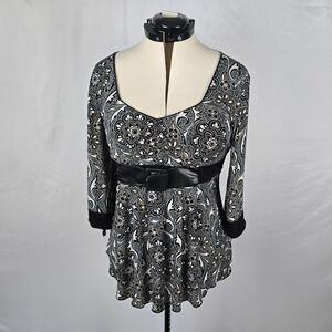GNW Blouse Women's XL Black White Copper Ruffles Belted Long Sleeve Fit & Flare
